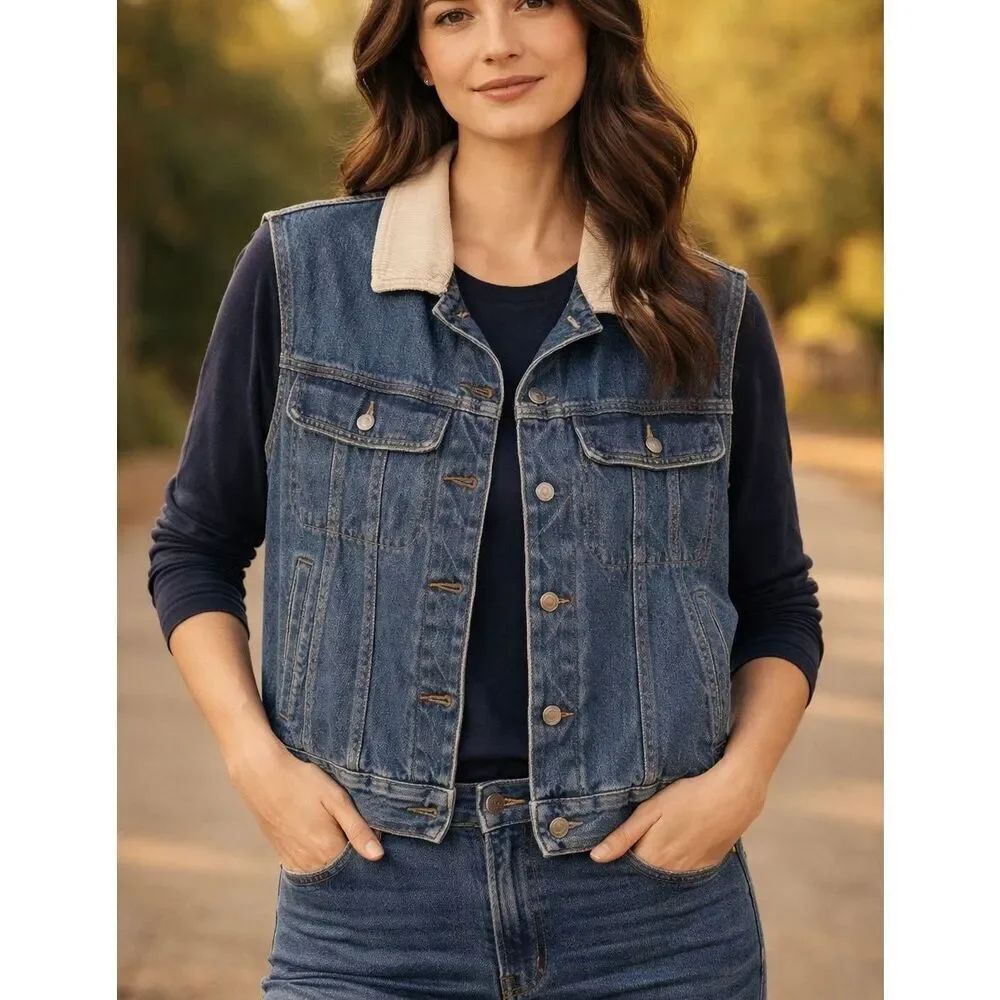 Claiborne Vintage denim vest flannel lined with corduroy collar small